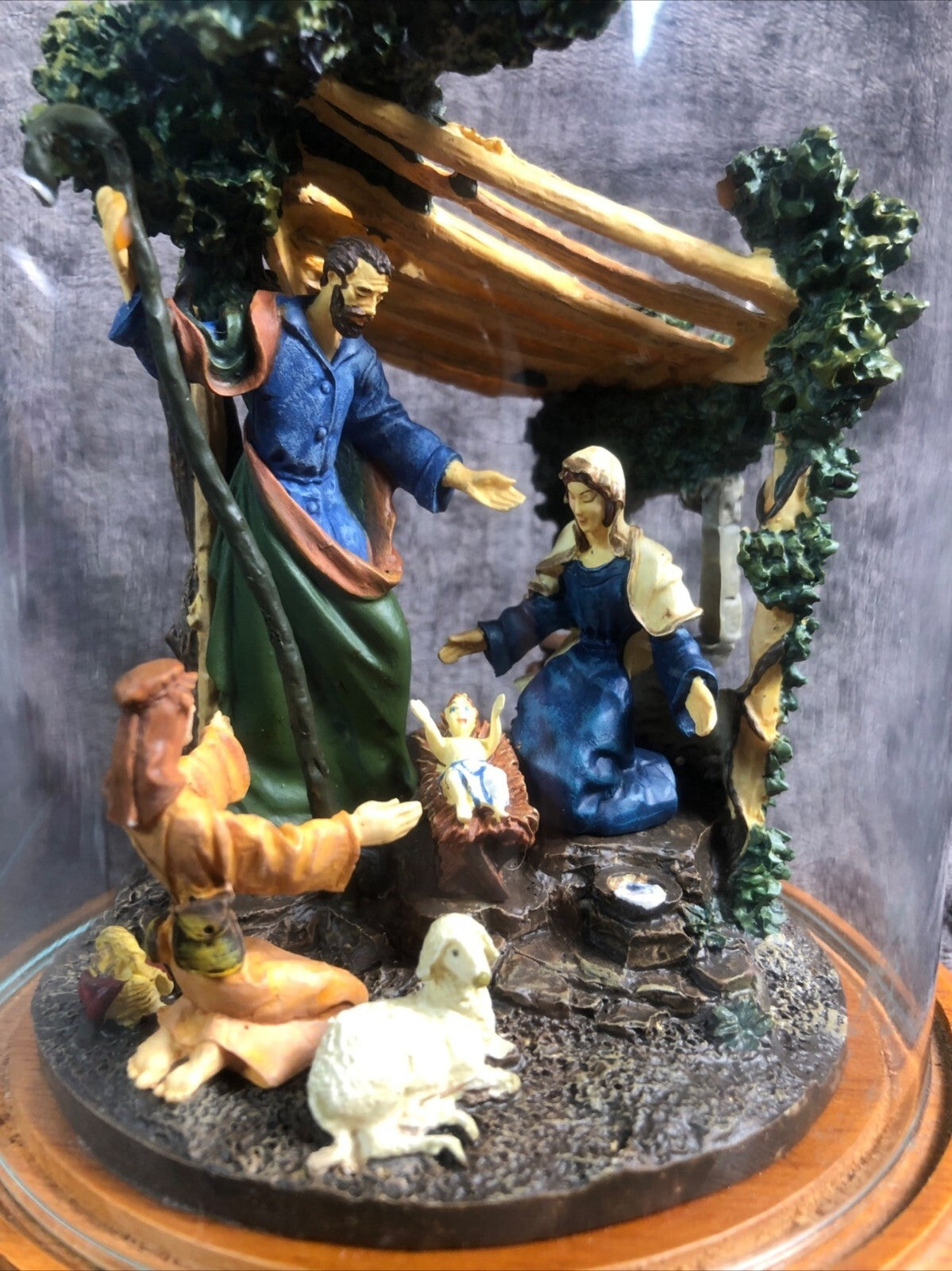 Nativity Scene Under Glass Dome With Wooden Base