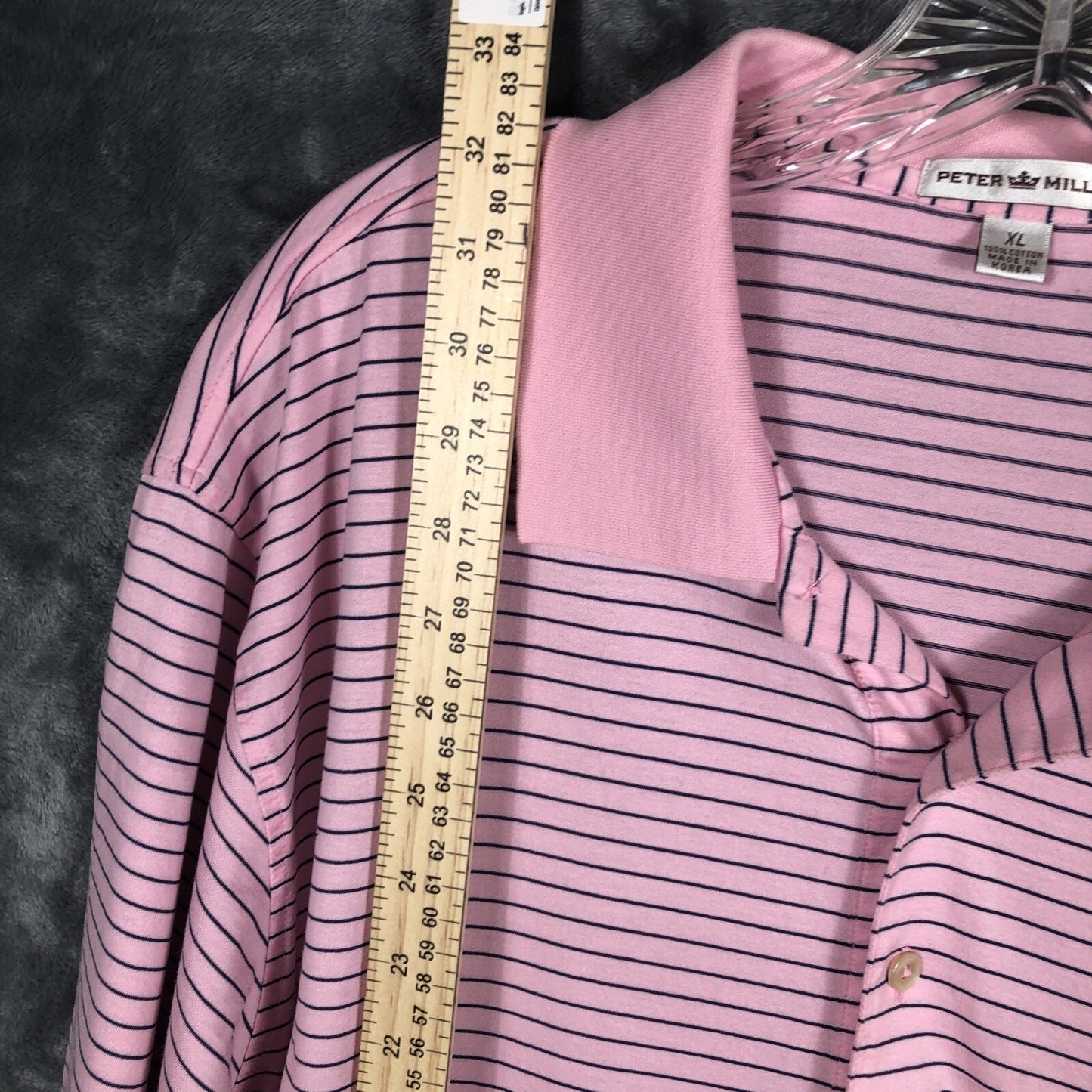 Peter Millar Men's Polo Golf Shirt Pink Stripped Extra-Large River Hills Logo