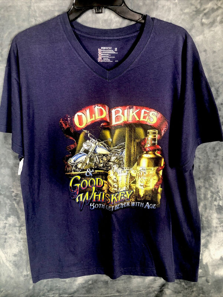Men’s Biker T-Shirt Blue Old Bikes And Good Whiskey Size Extra Large
