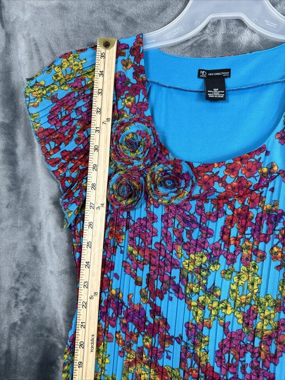 New Directions Dress Womens A Line Turquoise Blue Floral Pleated Short Sleeve
