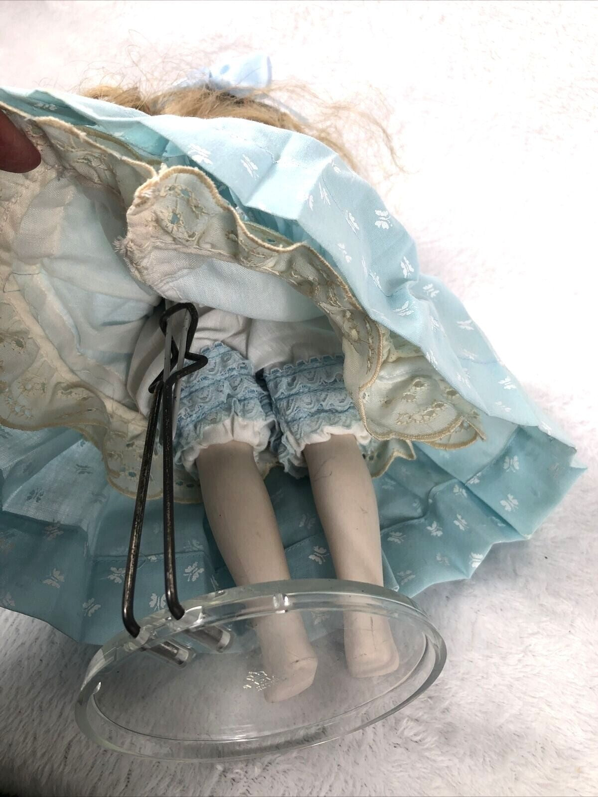 Vintage Porcelain Doll With Blue Dress & Pearls