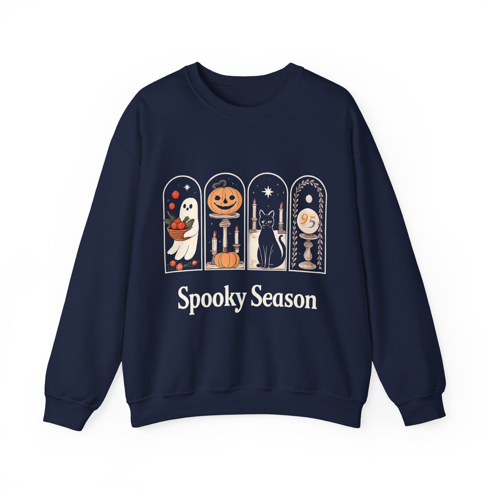 Womans Halloween Sweatshirt Spooky Season Retro Pumpkin Ghosts Black Cat vibes