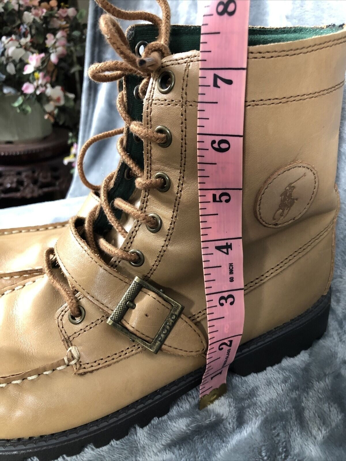 Polo Boys Tan Leather Boots Size 6.5 Medium With Buckle Detail & Rubber Soles