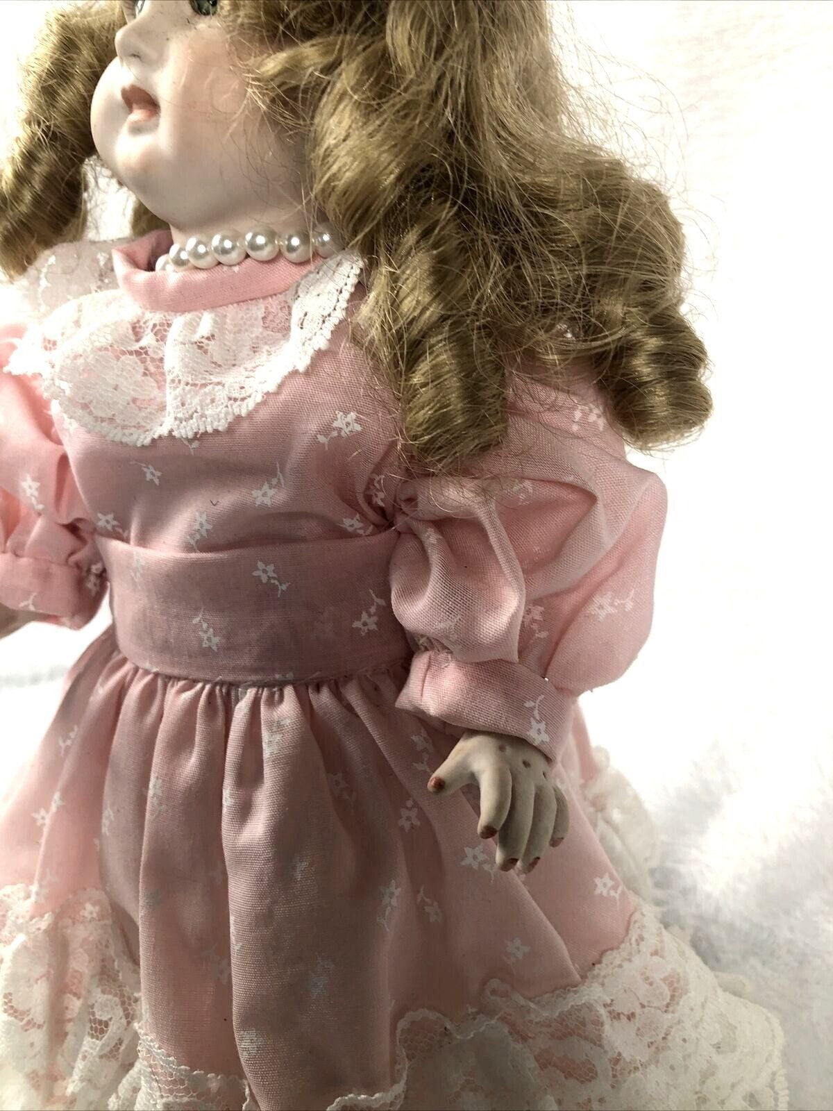 Vintage Porcelain Doll With Curly Hair & Pink Lace Dress