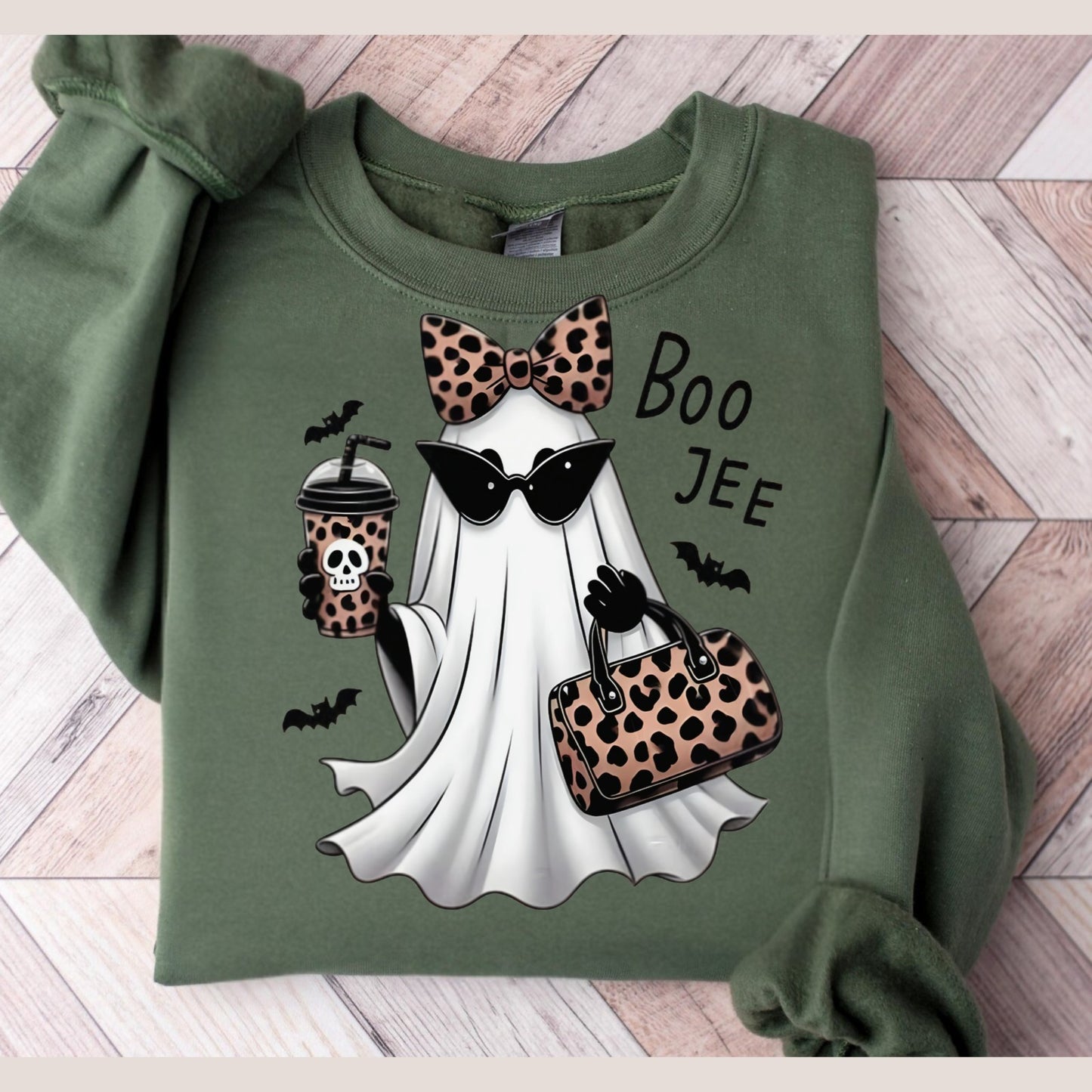Womans Boojee Ghost Halloween Sweatshirt with Leopard Coquette Bow Cute Fall