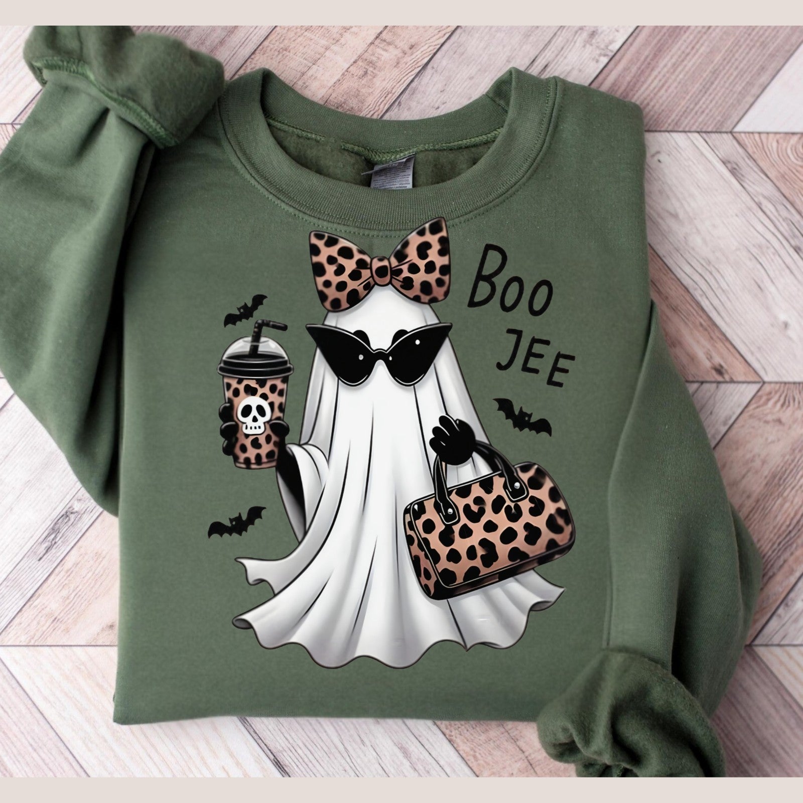 Womans Boojee Ghost Halloween Sweatshirt with Leopard Coquette Bow Cute Fall