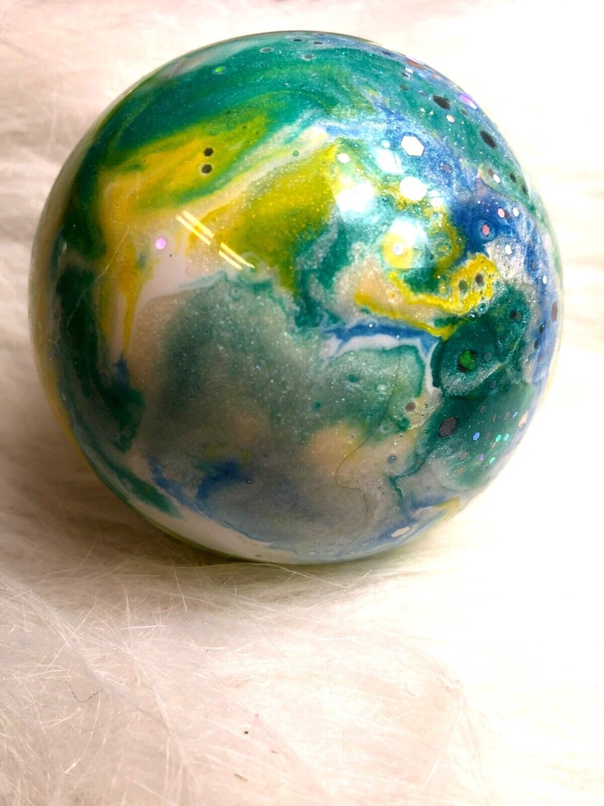 Christmas Ornament Green & Yellow Swirl Globe Hand-Painted Marbled Bauble