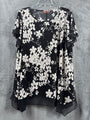 Amana Womans Floral A-Line Tunic Blouse Sheer Hem & Flutter Sleeves Bk/White 2X