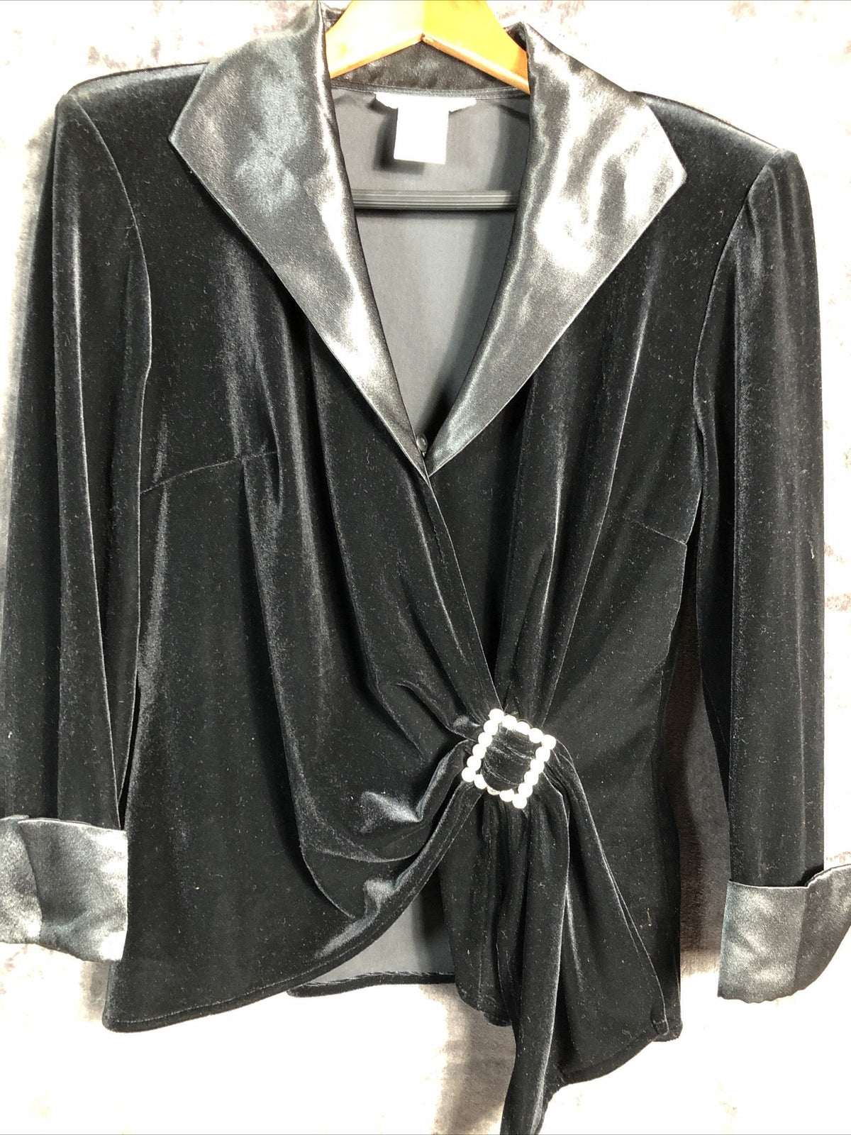 J. R. Nites Woman's Black Velvet Satin Trim Jacket Rhinestone Buckle Size 10