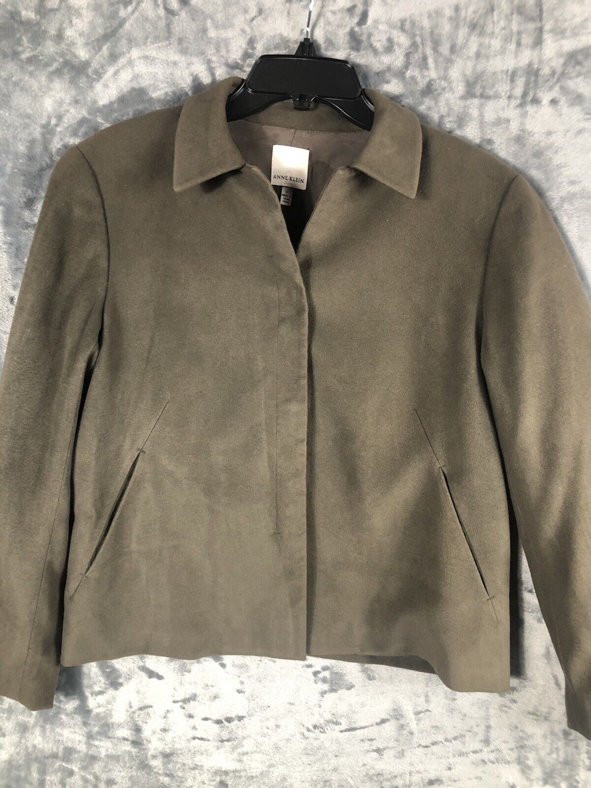Anne Klein Women’s Jacket Neiman Marcus Suede Olive Green Moto Large Snap Front