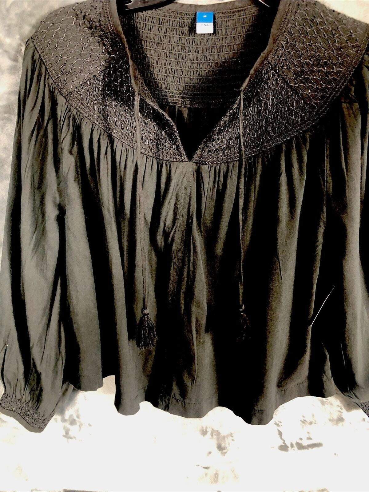 Old Navy Womens Black Boho Blouse XS Smocked Yoke Long Sleeve