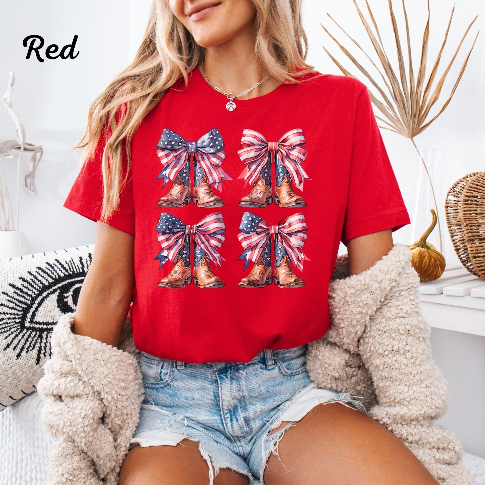 Womans T Shirt 4th of July American Flag Cowgirl Coquette Boots Top