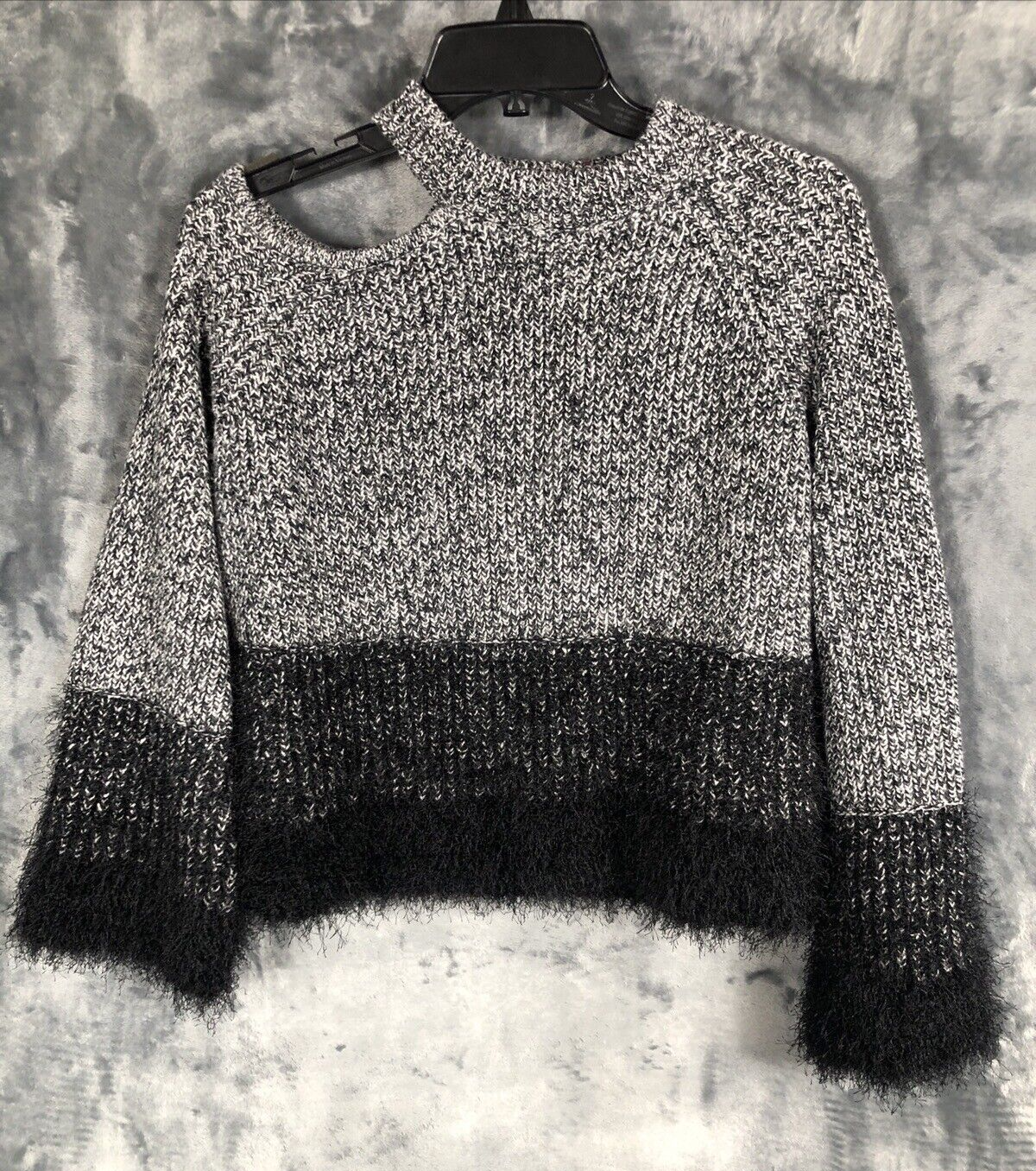 Woman's Black and White Sweater Fuzzy Trim Sleeves and Waist Size Small