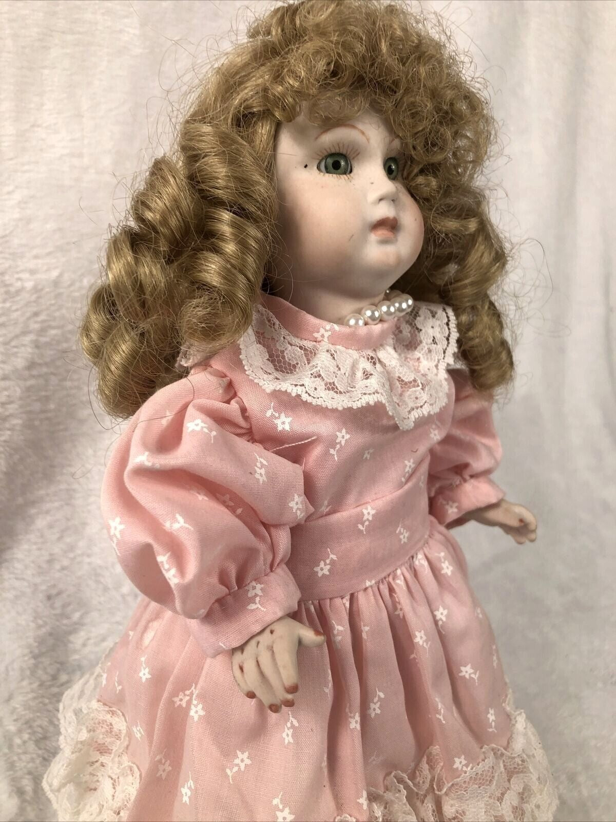Vintage Porcelain Doll With Curly Hair & Pink Lace Dress