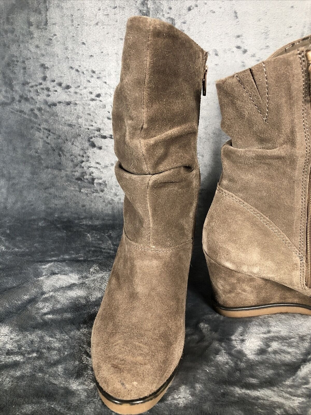 Suede Boots Woman's Wedge Heel Slouch Brown Boots With Zipper Closure & Stitch
