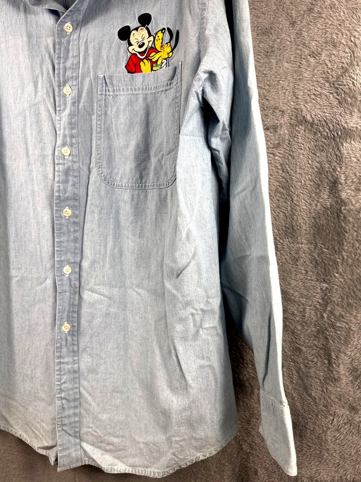 Mickey Inc. Vintage Shirt XL Denim Unisex Button Down Mickey & Pluto Embroider