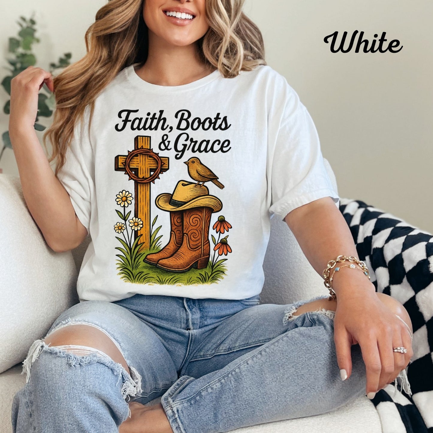 Womans T Shirt Christian Western Faith Boots and Grace Shirt Cowgirl Country Top