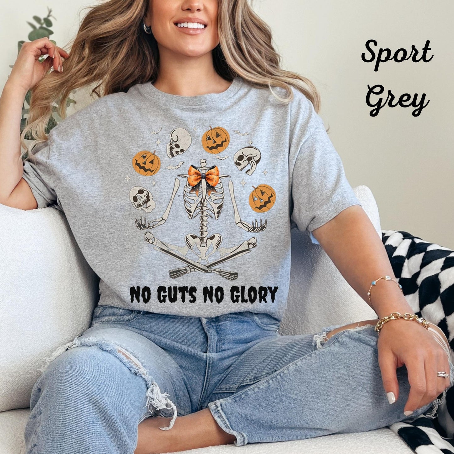Womens Skeleton T Shirt No Guts No Glory Spooky Season Introvert Halloween Gift