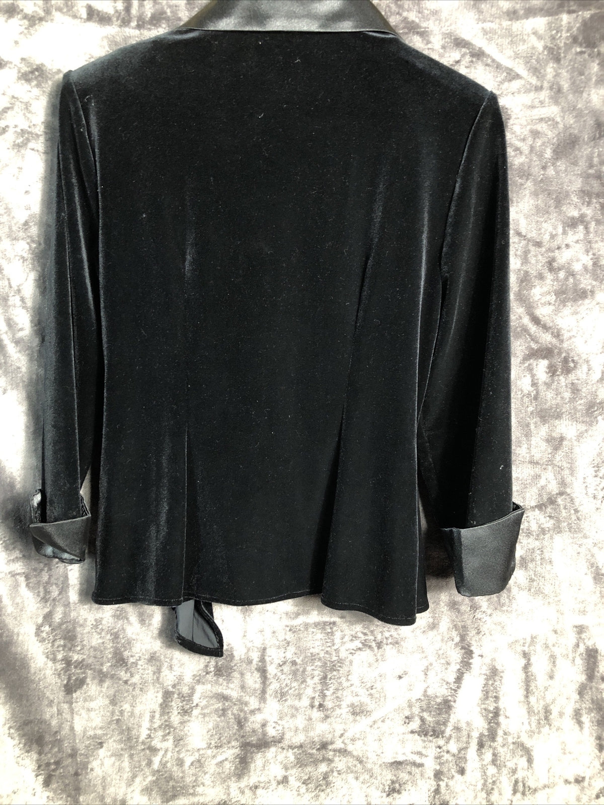 J. R. Nites Woman's Black Velvet Satin Trim Jacket Rhinestone Buckle Size 10