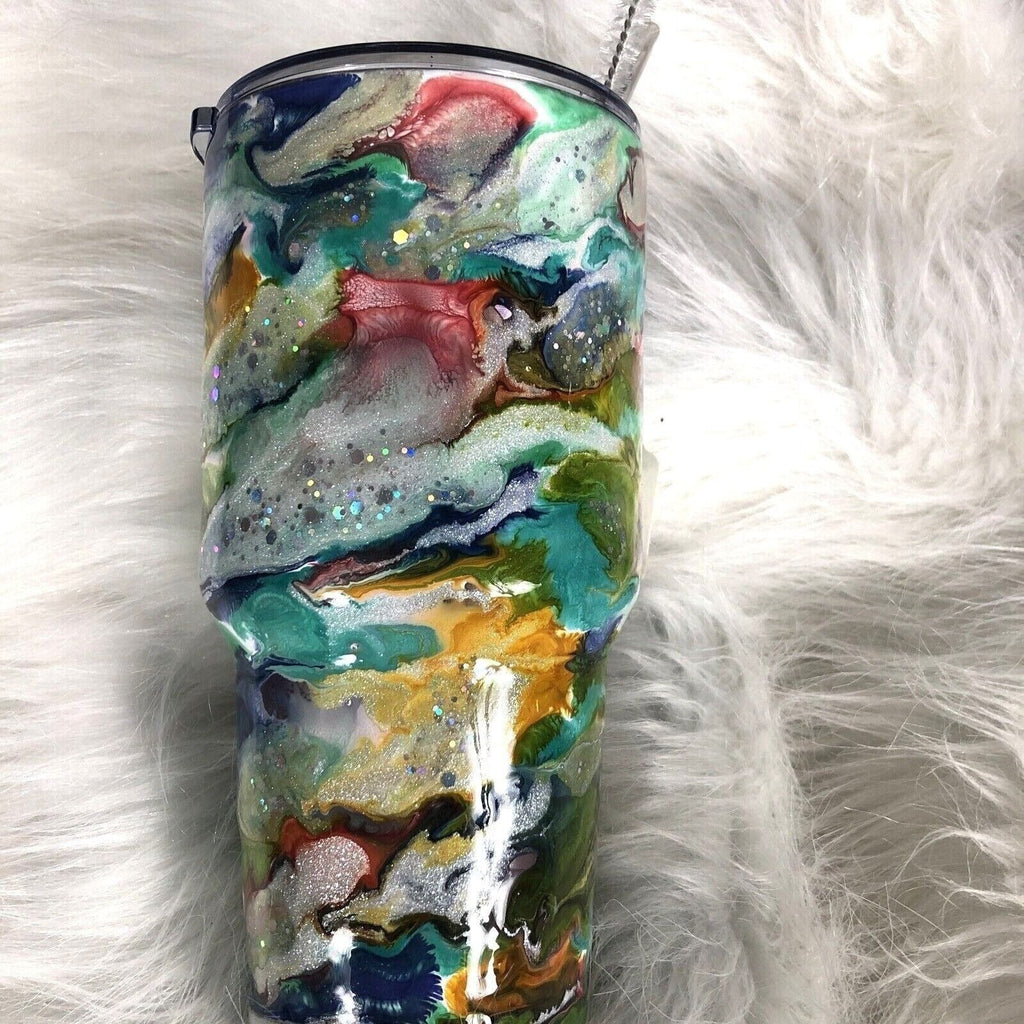 32 oz Tumbler Handmade Stainless Steel Blue/Silver Swirl Design