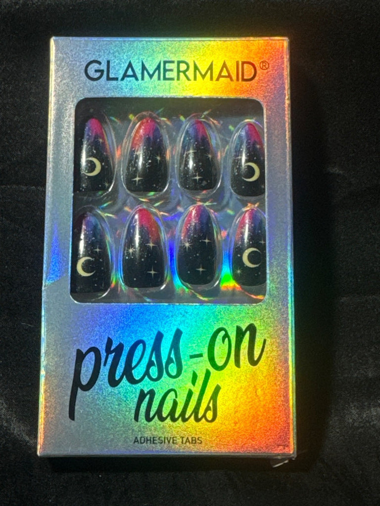 Glamermaid Press-On Nails Moon & Stars Design Adhesive Tabs 24 Pcs Black & Gold