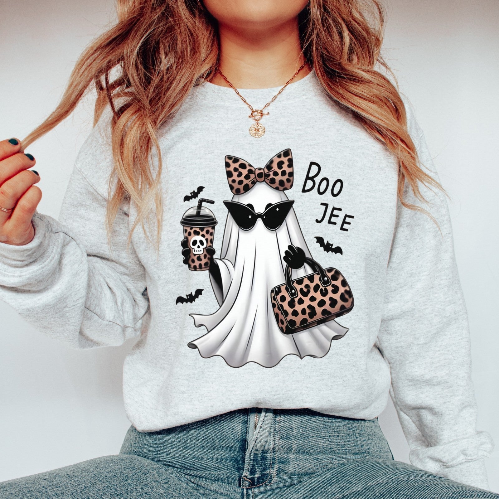 Womans Boojee Ghost Halloween Sweatshirt with Leopard Coquette Bow Cute Fall