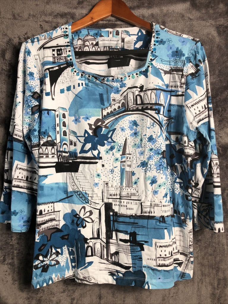 Alfred Dunner Blue Sparkle Town Building Women’s Size Petit Large
