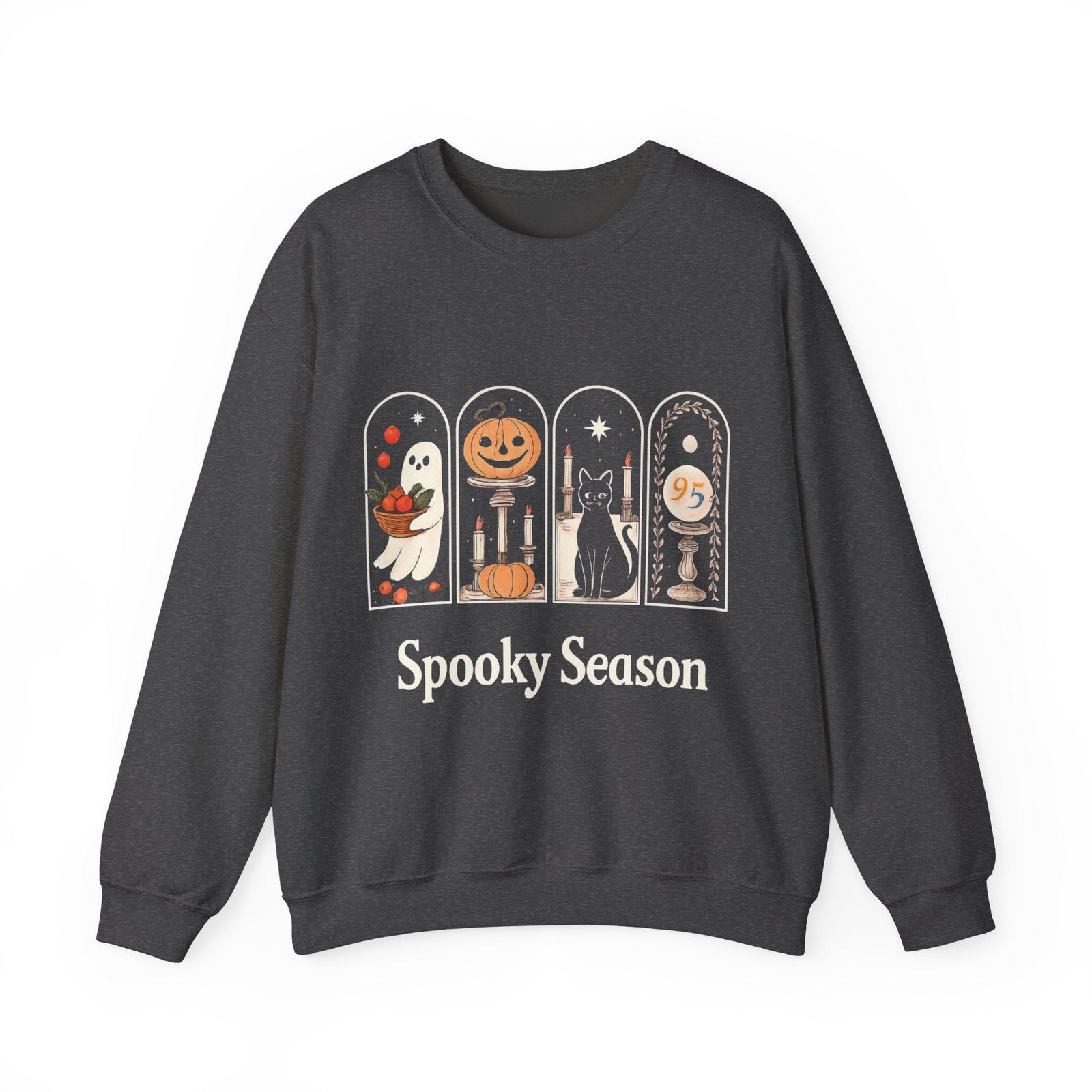 Womans Halloween Sweatshirt Spooky Season Retro Pumpkin Ghosts Black Cat vibes