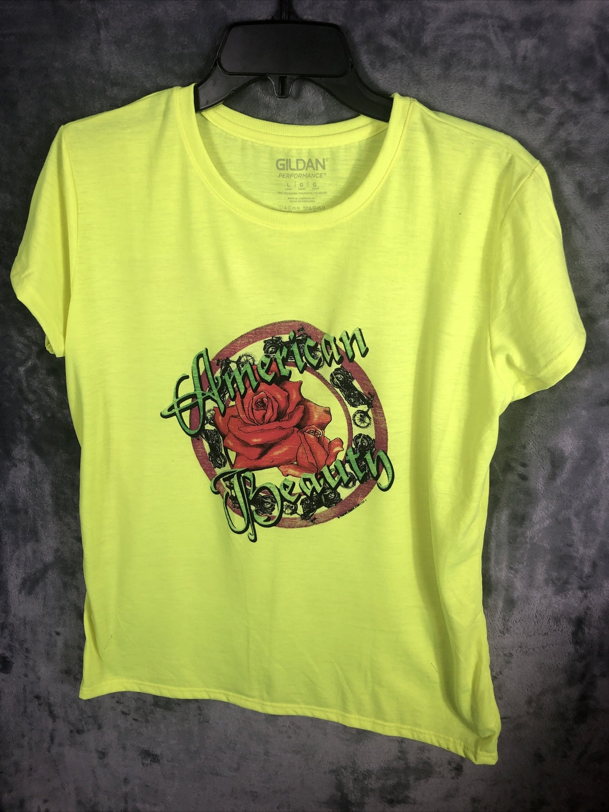Women’s T-Shirt American Beauty With Rose Size Large Yellow Short Sleeve Shirt