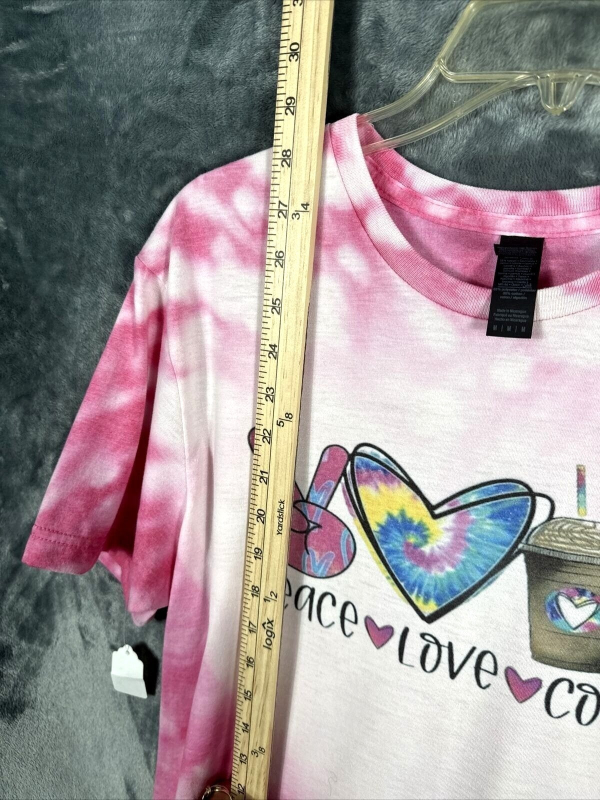 Gildan Women’s TShirt Peace Love And Coffee Shirt Pink Hippie Vibes Medium Top