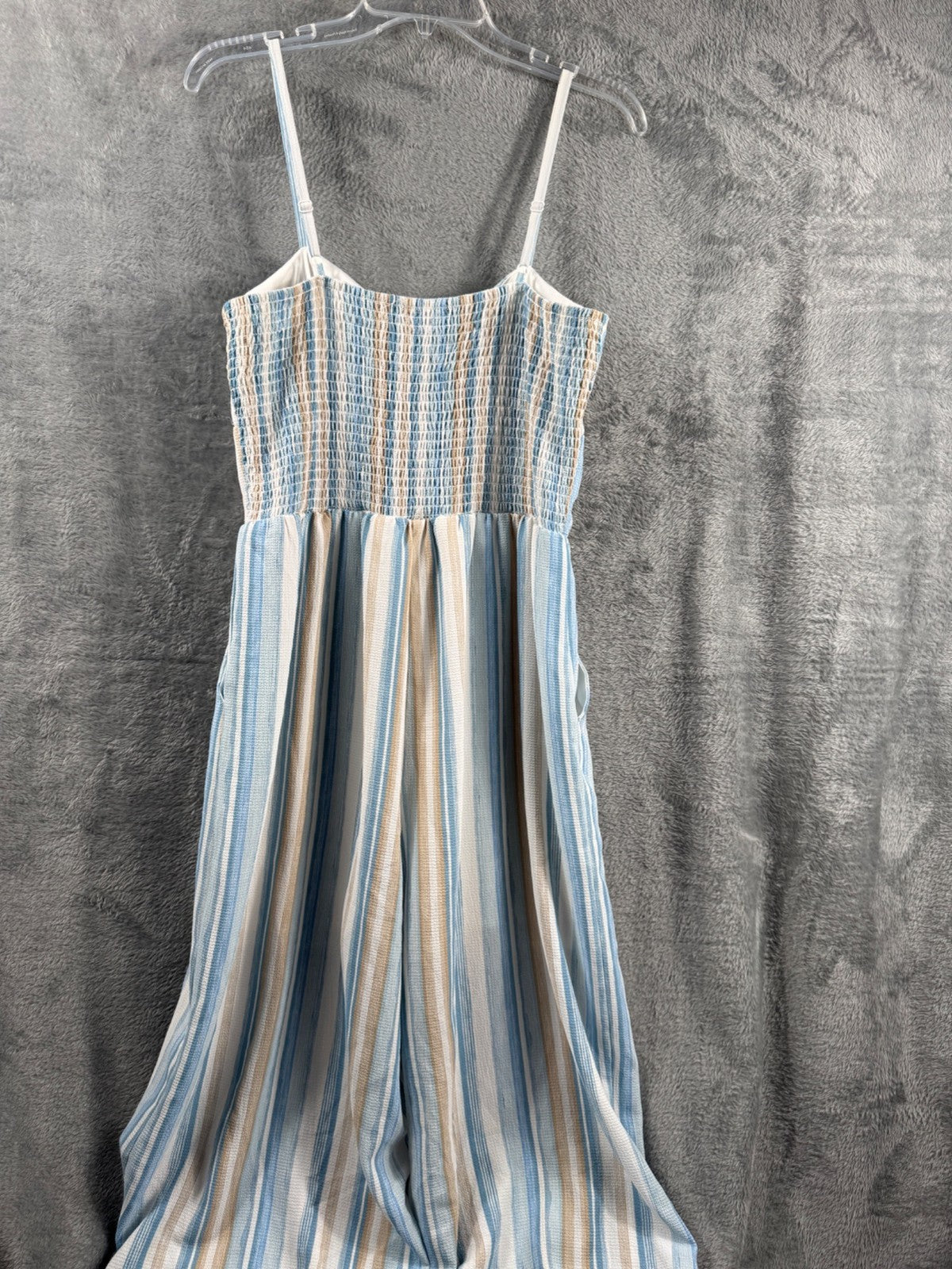 Striped Jumpsuit With Bow Front By As U Wish Size L Blue & Beige Lightweight Wov