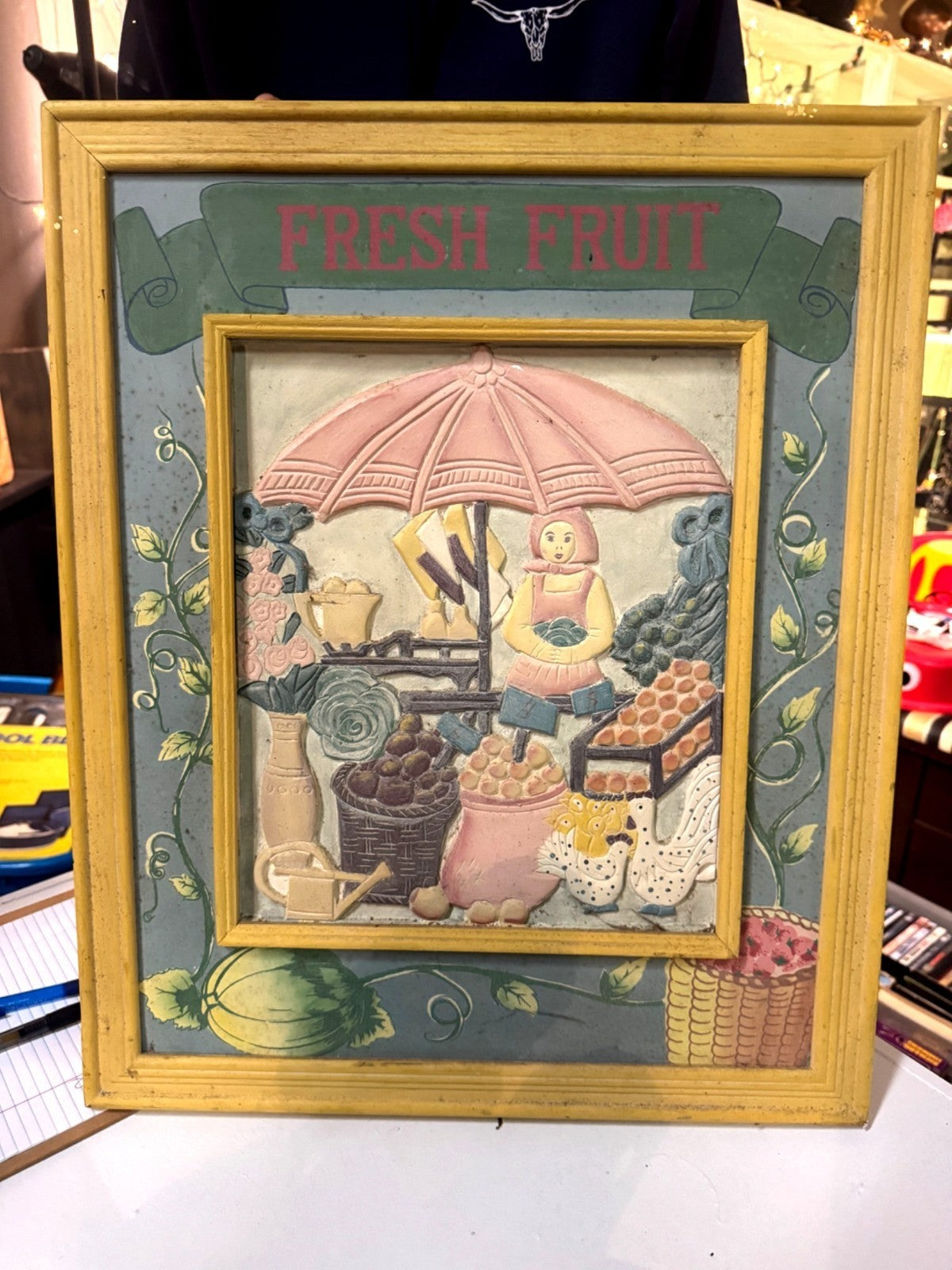 Vintage Fresh Fruit 3D Wall Art With Yellow Frame Farmer Market Scene Hand-Paint