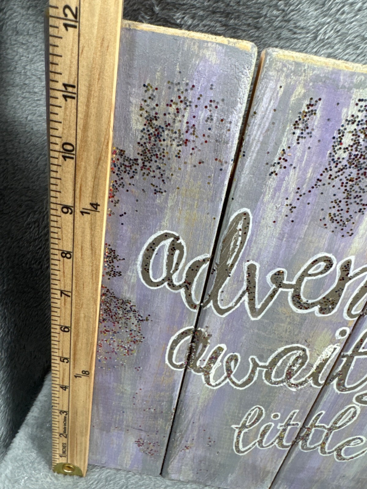 Rustic Wooden Wall Plaque Text Adventure Awaits Little One Purple With Glitter