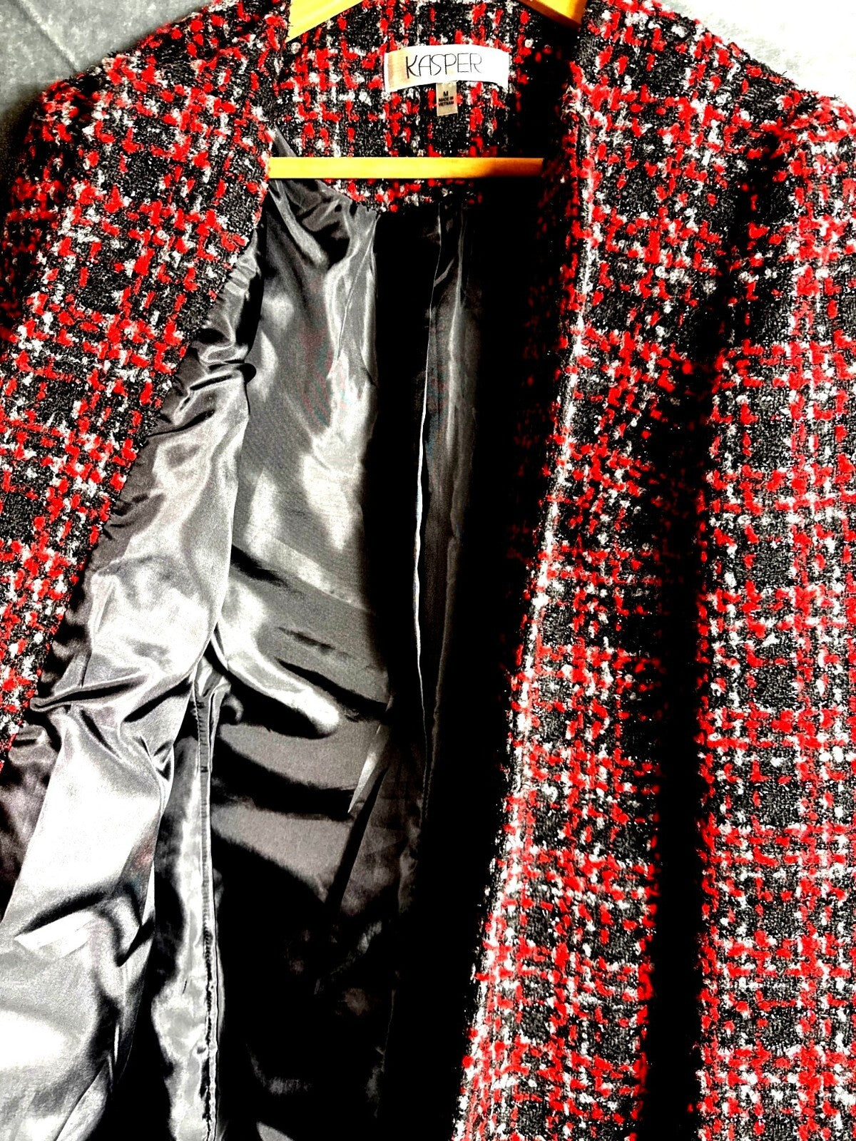 Kasper Womens Medium Tweed Plaid Open Front Blazer Jacket Made In Vietnam