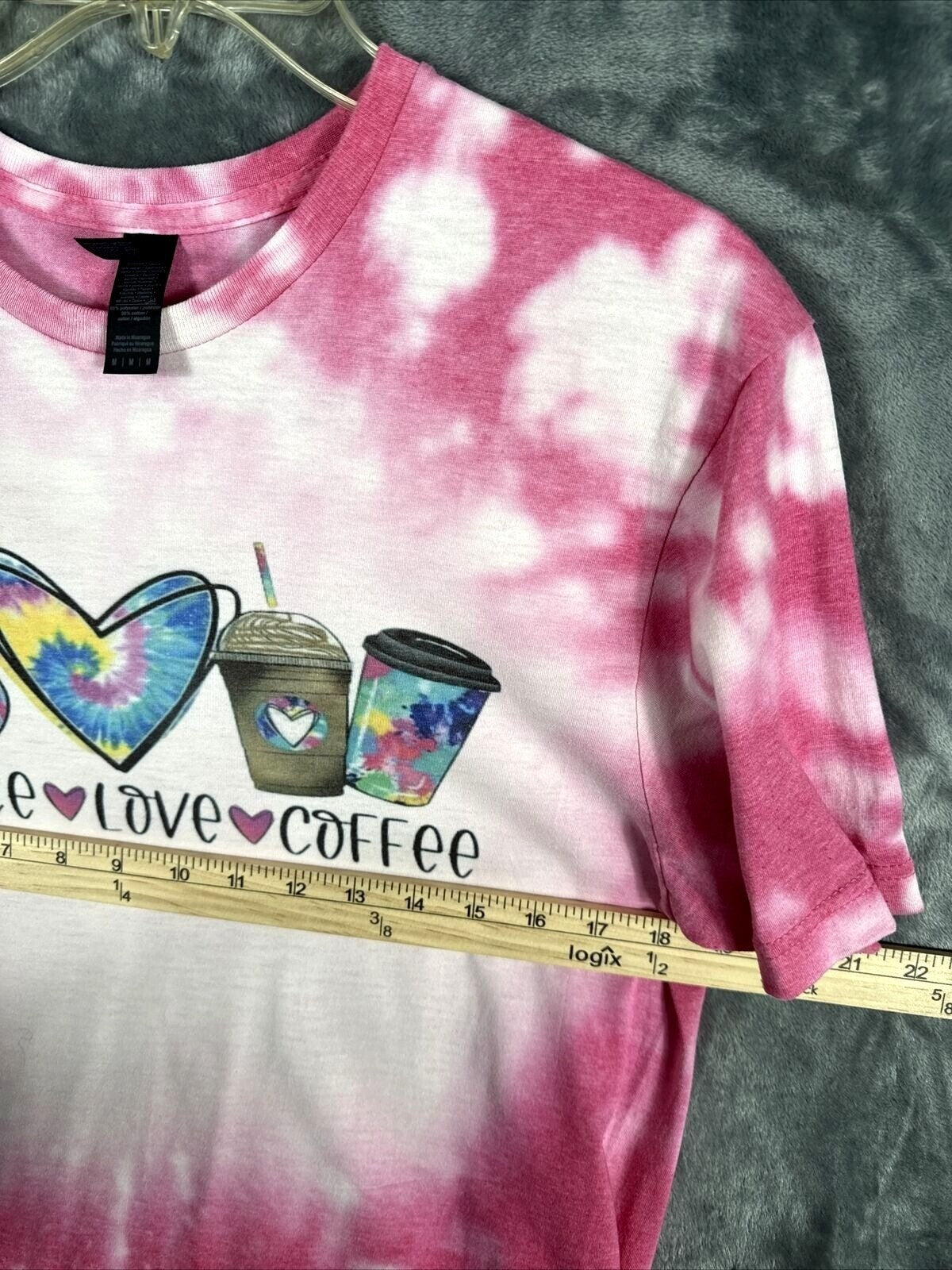 Gildan Women’s TShirt Peace Love And Coffee Shirt Pink Hippie Vibes Medium Top