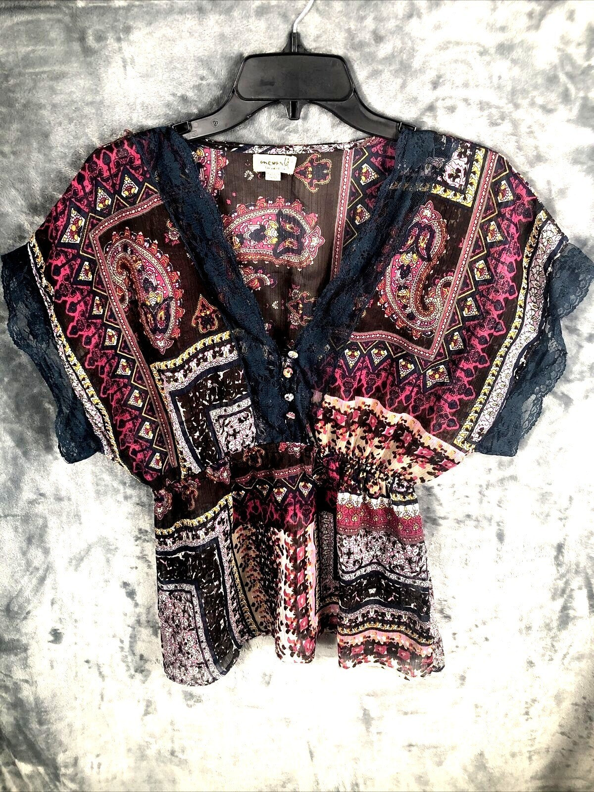 OneWorld Womens Blouse Boho Kimono Top With Lace Trim & Paisley Design