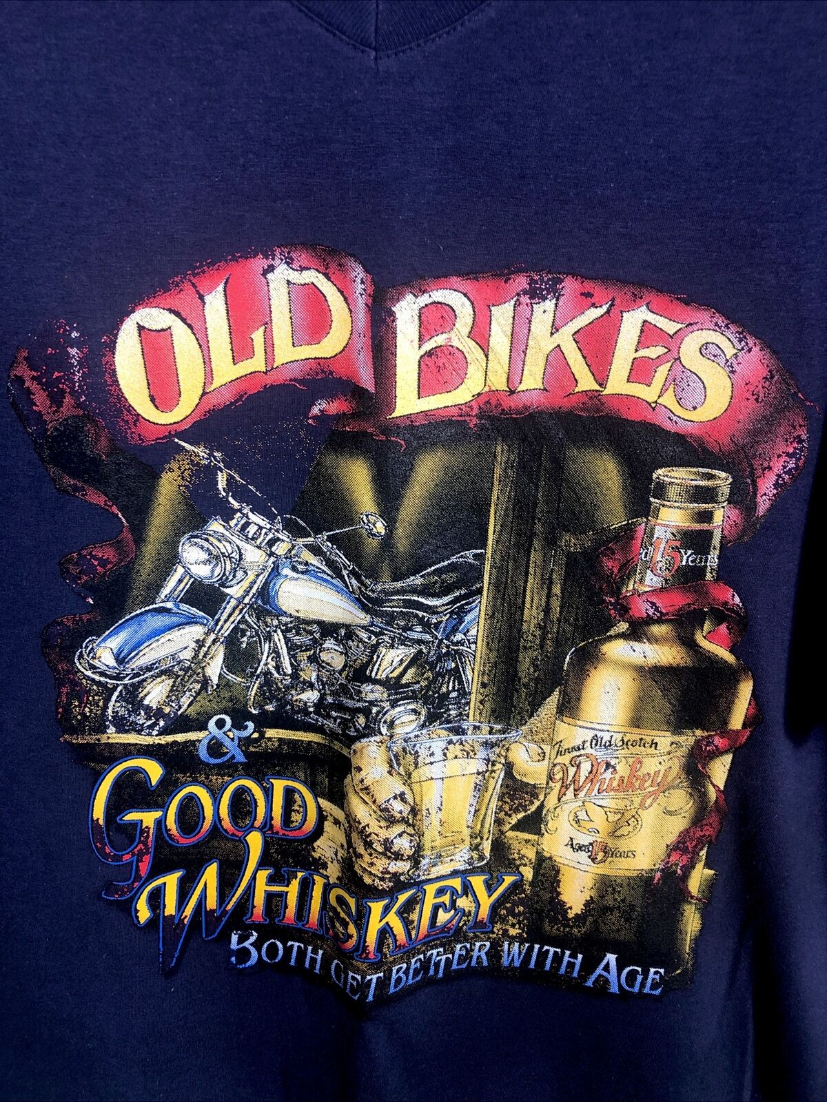 Men’s Biker T-Shirt Blue Old Bikes And Good Whiskey Size Extra Large