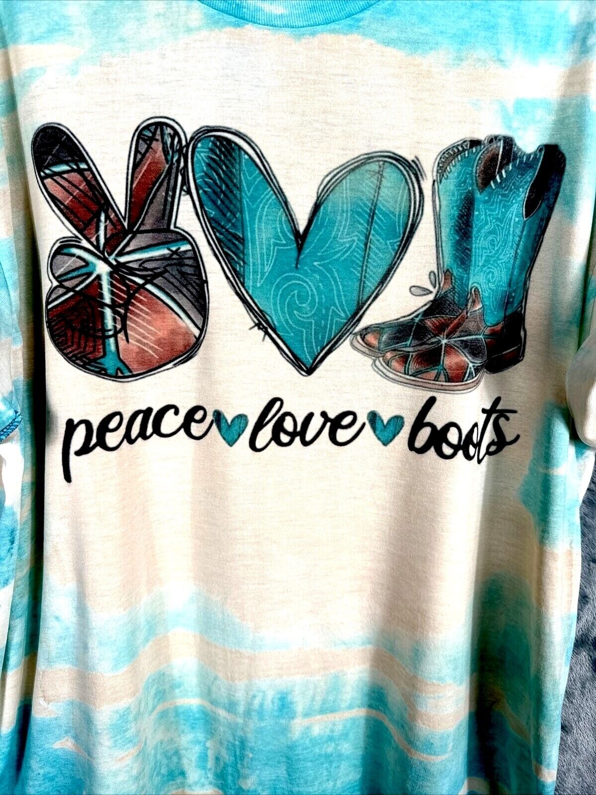 Women’s T-shirt Peace Love And Boots Cowgirl Bleached Blue Shirt Size Large