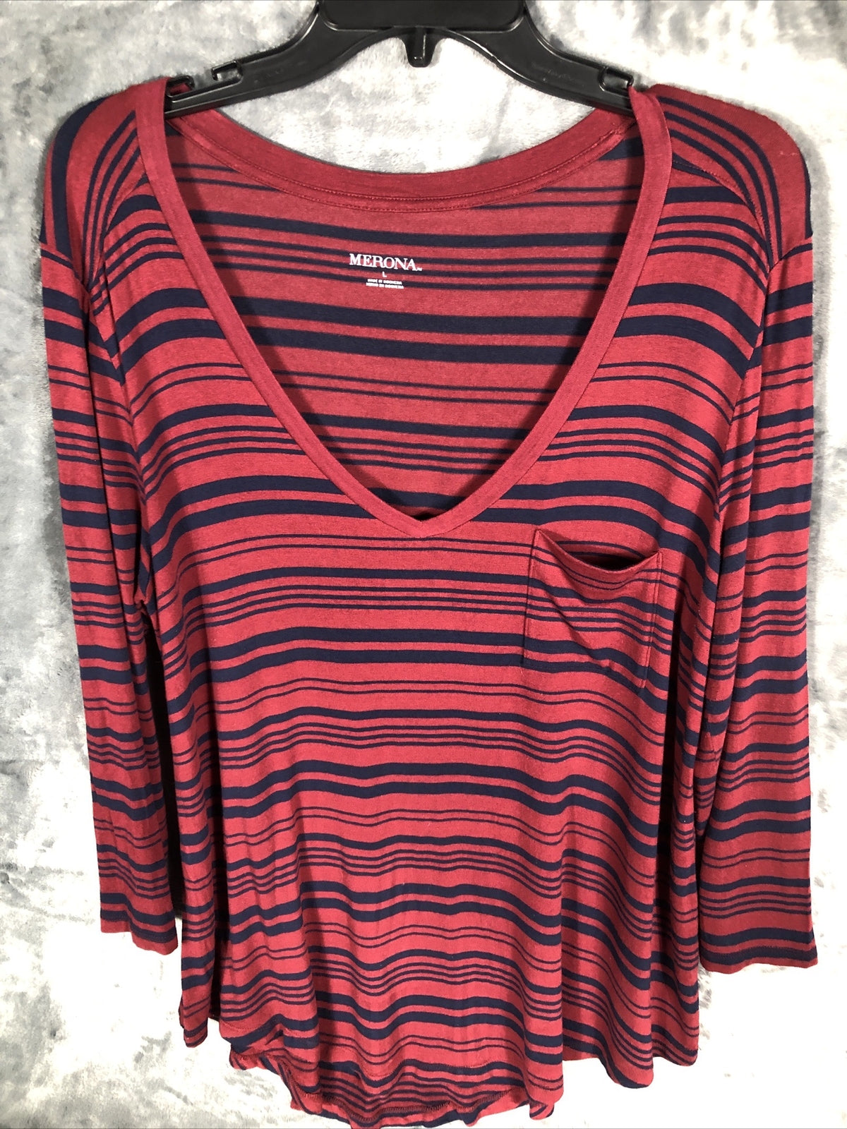 MERONA Casual TEE-LONG SLEEVE Size Adult Large Red Black Stripes