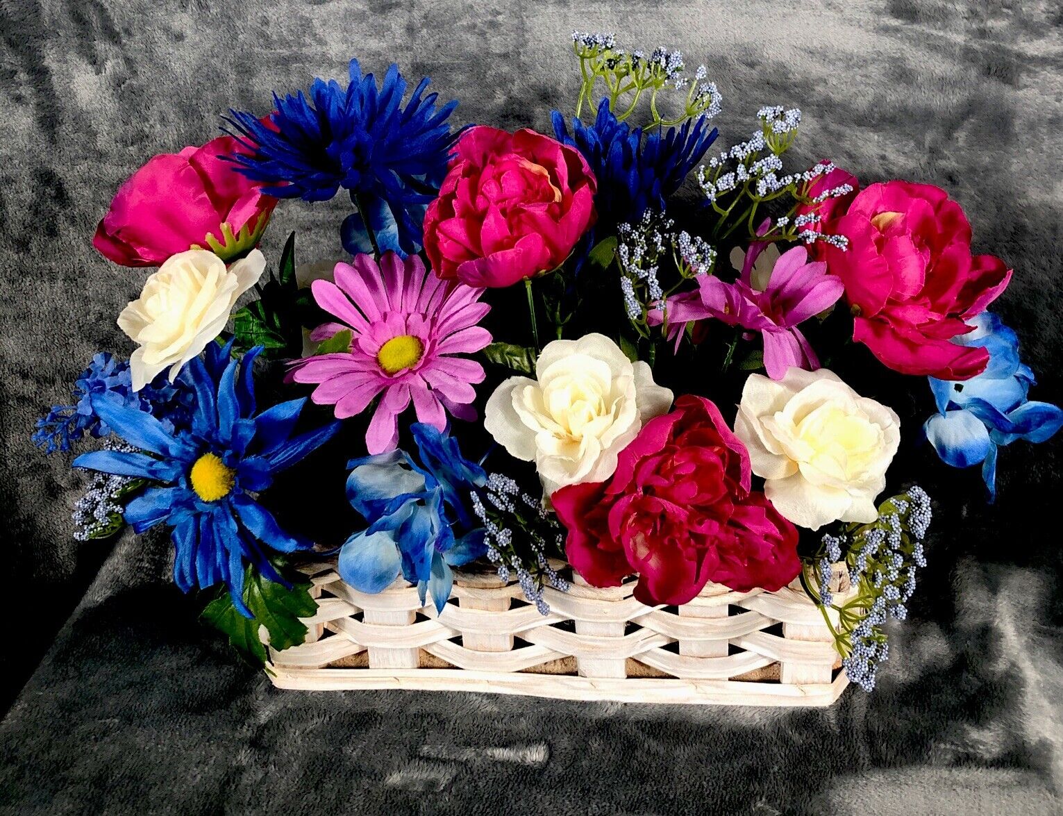 Artificial Floral Arrangement Spring Colors Wood Ledge Flower Basket 19”X 13”