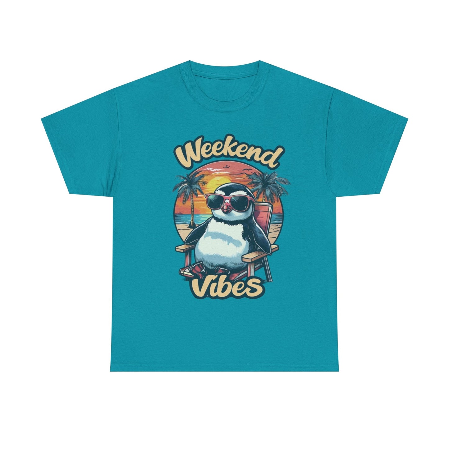 Womans T Shirt Summer Weekend Vibes Blue Graphic Shirt With Penguin Design