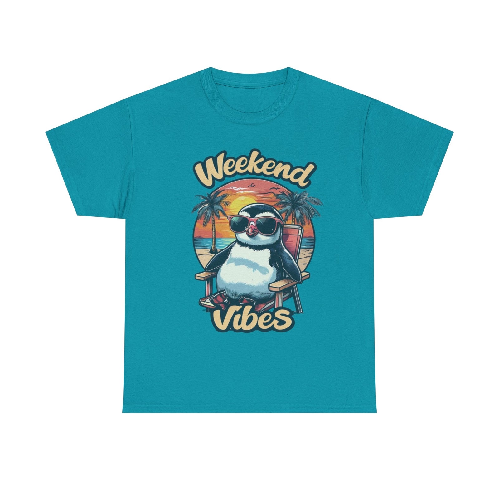 Womans T Shirt Summer Weekend Vibes Blue Graphic Shirt With Penguin Design