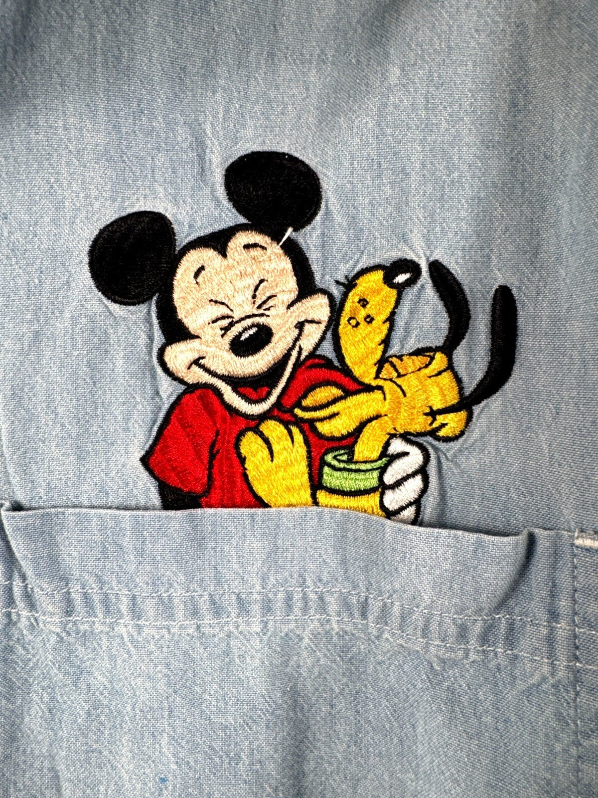 Mickey Inc. Vintage Shirt XL Denim Unisex Button Down Mickey & Pluto Embroider