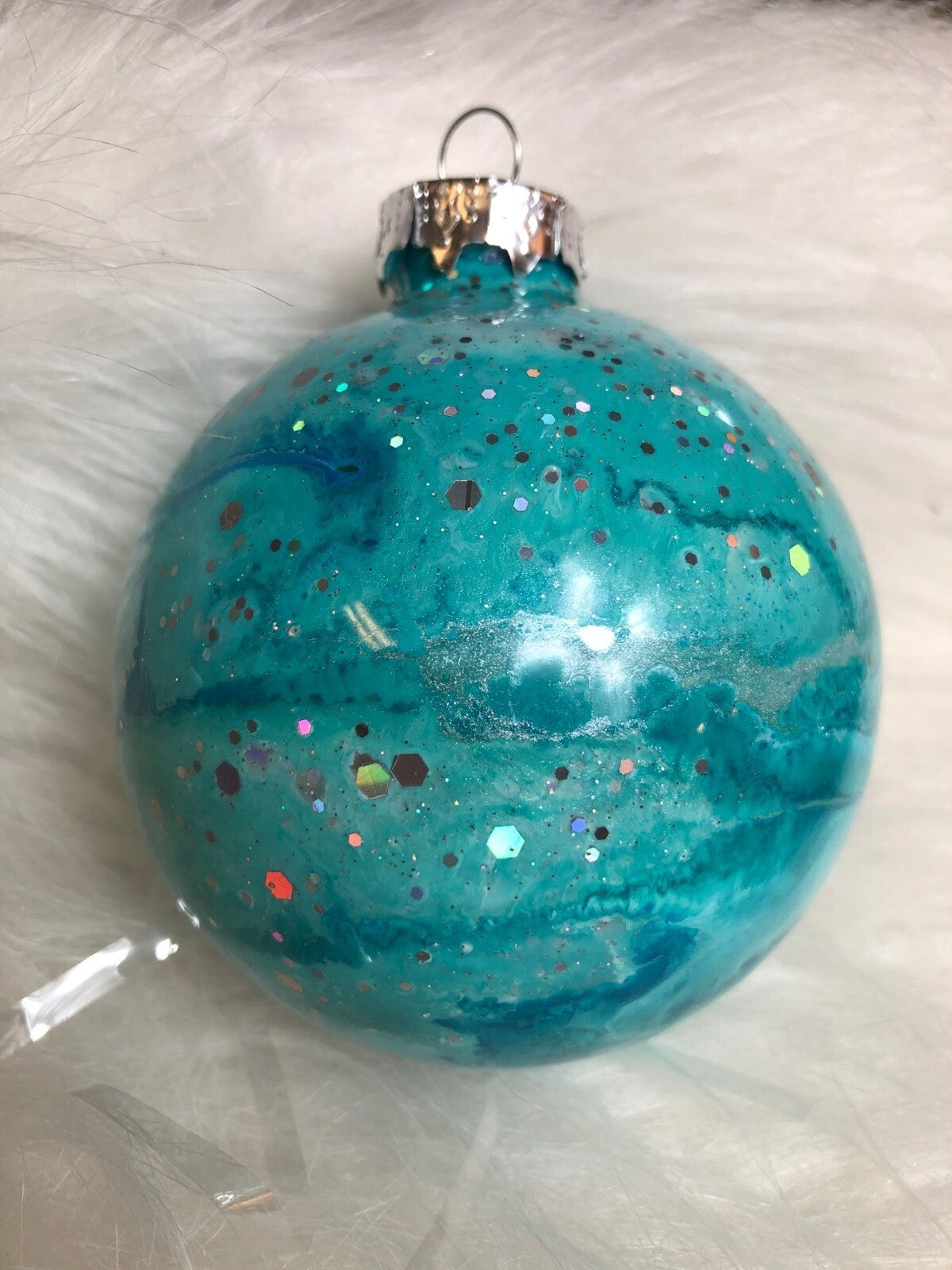 Handmade Glittery Aqua Christmas Ornament With Silver Cap