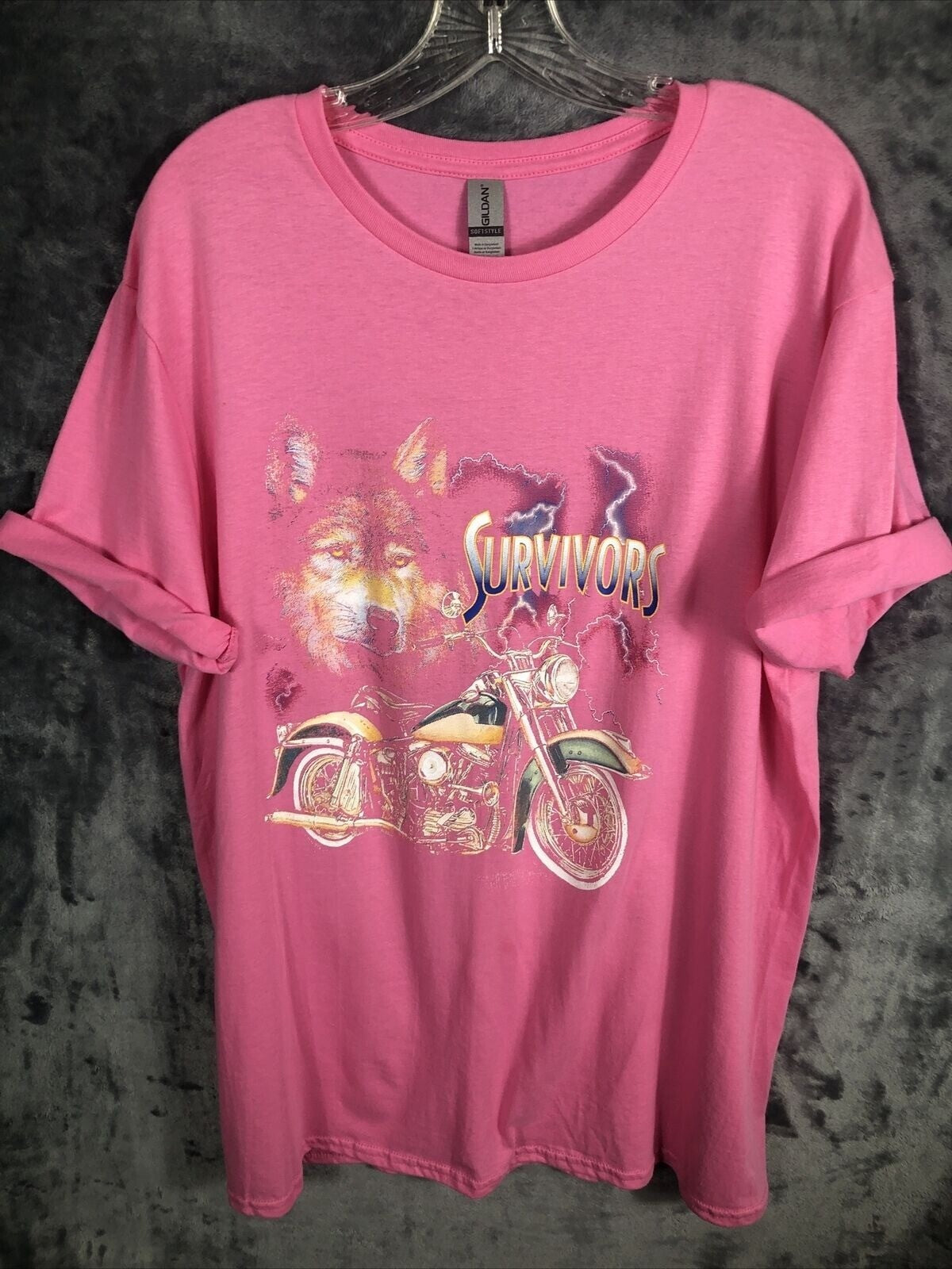 Vintage Womans T Shirt Survivors Pink Graphic Tee With Wolf & Motorcycle Design