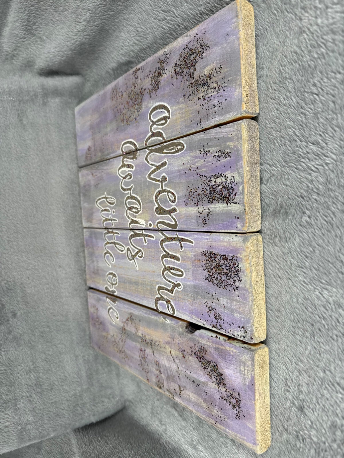 Rustic Wooden Wall Plaque Text Adventure Awaits Little One Purple With Glitter
