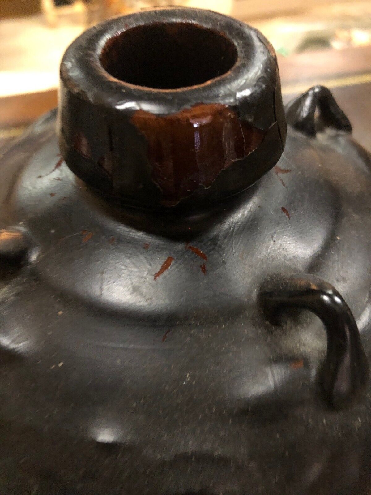 Antique Black Pottery Jug With Asian Characters