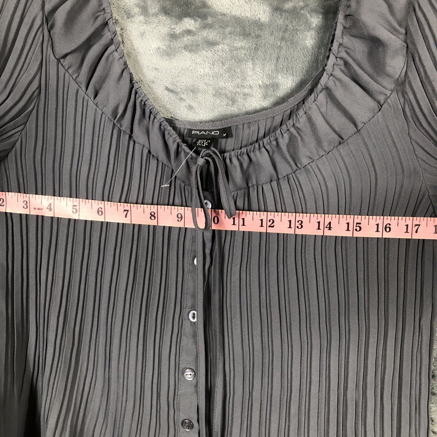 Piano Gray Pleaded Button Blouse Womens Size M