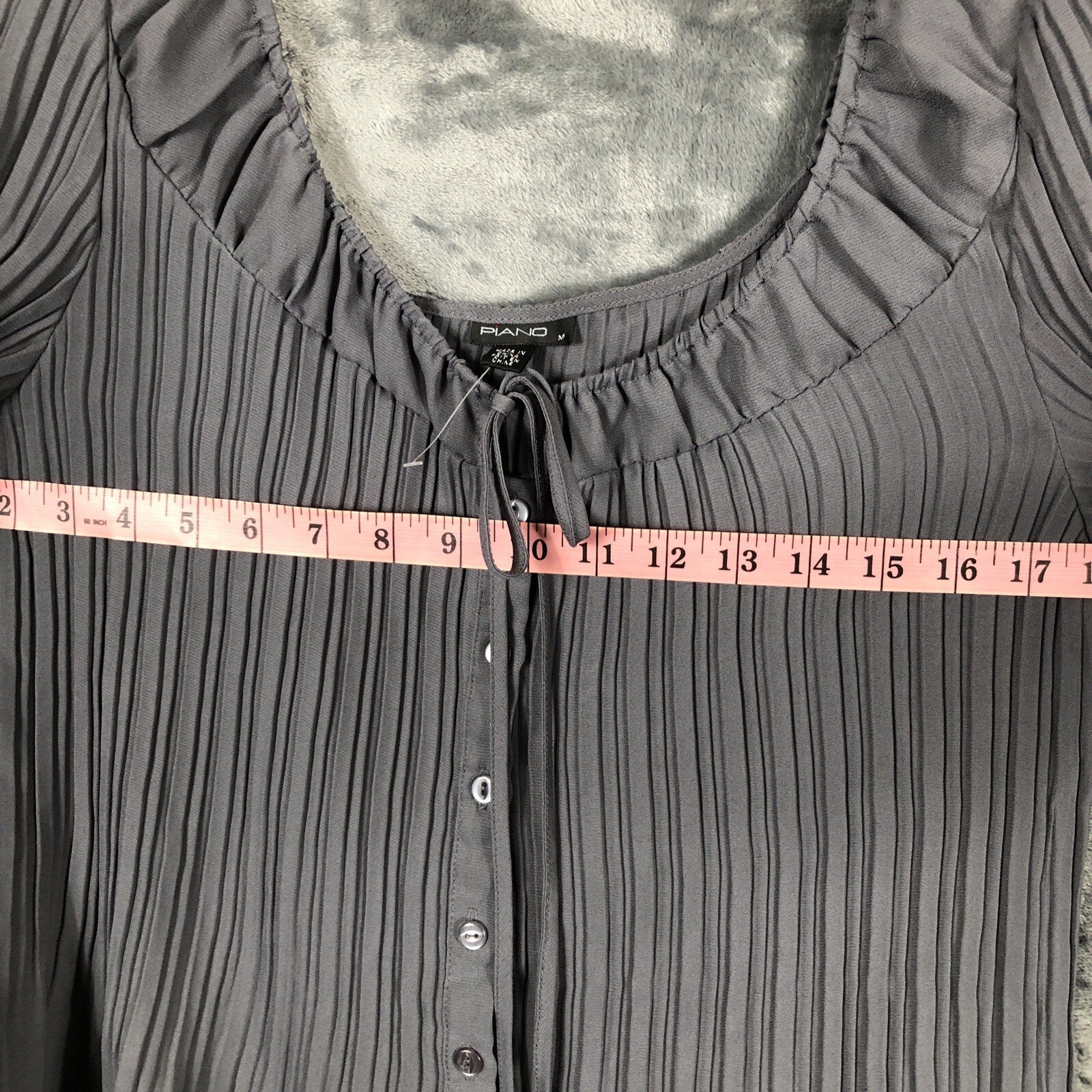 Piano Gray Pleaded Button Blouse Womens Size M