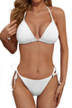 Womans Swimsuit 2 Piece White Ribbed Triangle Bikini Set With Adjustable String 
